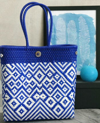Tienda Elena - Mode et inspiration mexicaine - décoration et artisanat mexicain - fait main - hecho en Mexico - Sac cabas mexicain tissé ethnique chic bleu et blanc - tendance bohème chic