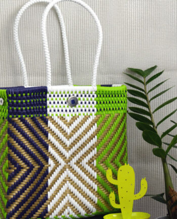 Tienda Elena - Mode et inspiration mexicaine - décoration et artisanat mexicain - fait main - hecho en Mexico - Sac cabas mexicain tissé ethnique chic vert blanc motifs dorés - tendance bohème chic - 1