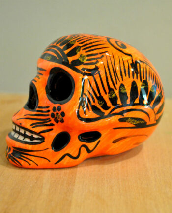 Tienda Elena - Crâne mexicain en céramique orange et noir - Calavera orange et noire - Décoration et artisanat mexicain - Fait main - hecho en Mexico - 1