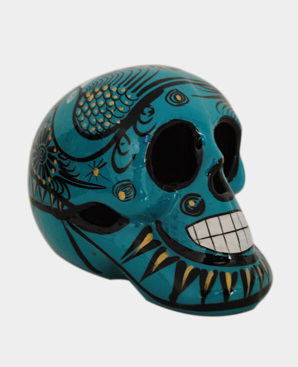 Tienda Elena - Crâne bleu vert orné d'un Paon - Décoration et artisanat mexicain - fait main - hecho en Mexico - 2