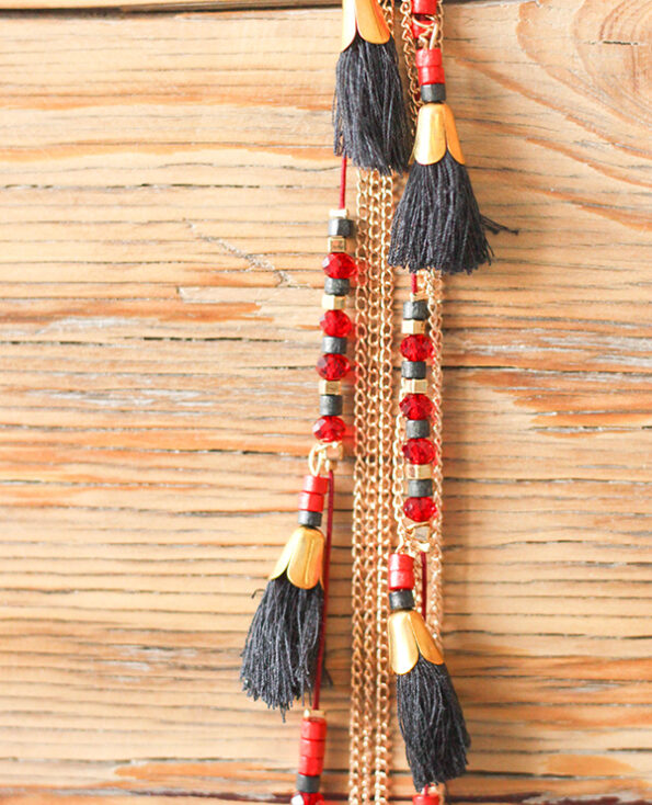 Tienda Elena - sautoir-azteque-2 - rouge et noir avec pompon - bijou ethnique - perles de rocaille - bohème chic